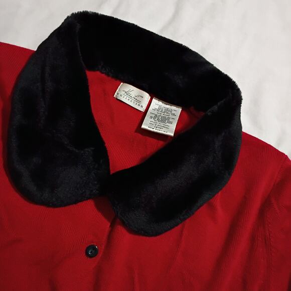 VTG Faux Fur Collar L Red Cardigan Sweater Kathie Lee Collection Cotton Blend - Picture 7 of 13